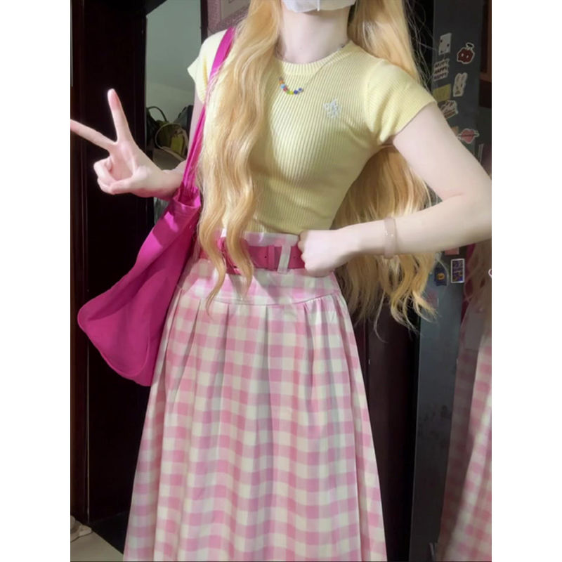 多巴胺穿搭针织T恤上衣粉色格子半身裙2025新款格纹A字百褶裙长裙