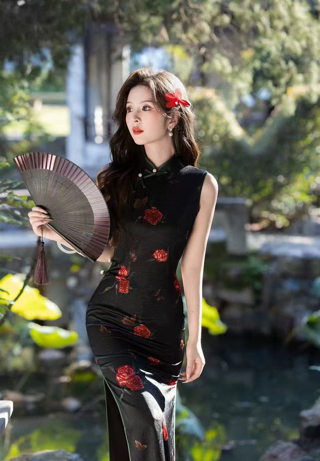风华《玫瑰夜语》花色无袖旗袍中国风低开衩旗袍时尚气质复古国风日