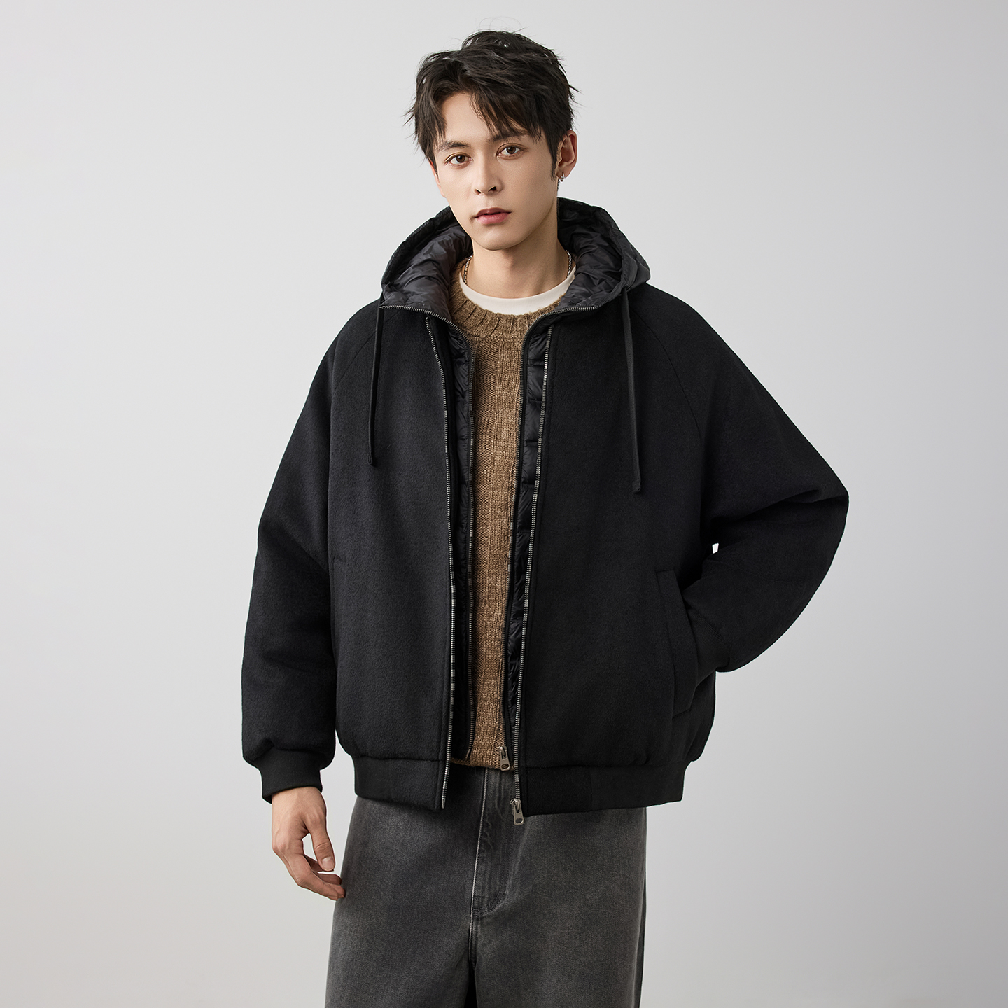 【彤彤家】新年款冬季绵羊毛男装白鸭绒拼接假两件连帽保暖羽绒服