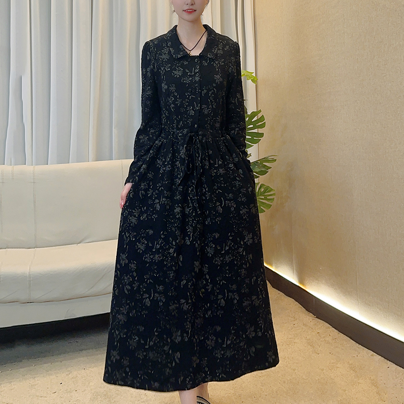 2025秋季新高级休闲中长款连衣裙女气质复古提花收腰显瘦裙子2768