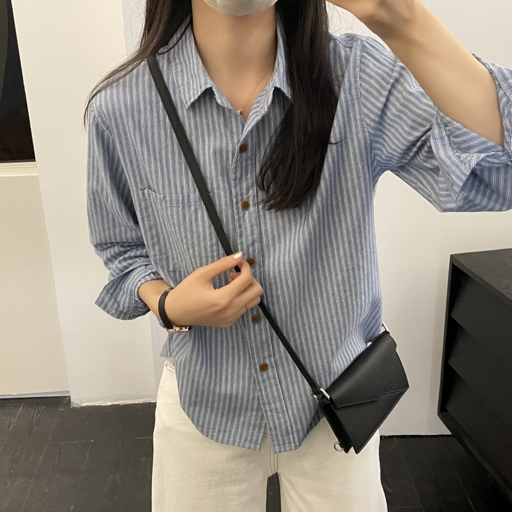 「复古日系 条纹衬衫」成衣水洗 100%棉 春季宽松百搭纯棉衬衣S020