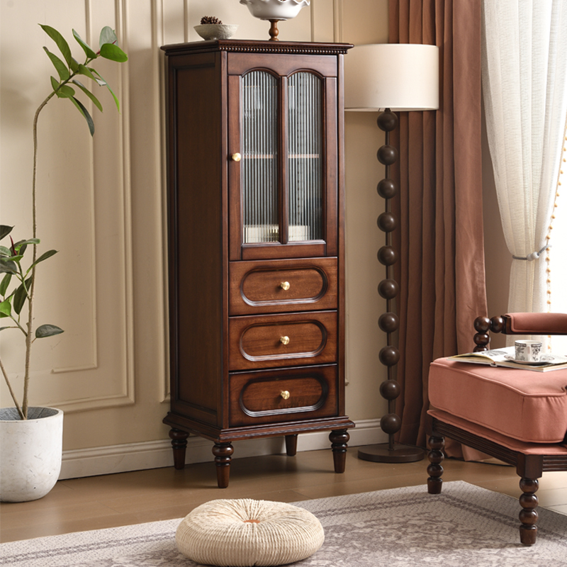 美式酒柜展示柜客厅靠墙实木收纳柜玻璃门中古风电视柜旁边柜高柜