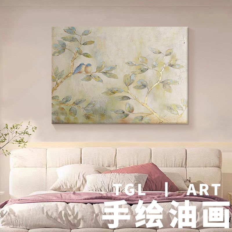 喜上枝头卧室床头装饰画绿色树叶手绘油画艺术感抽象喜鹊客厅挂画