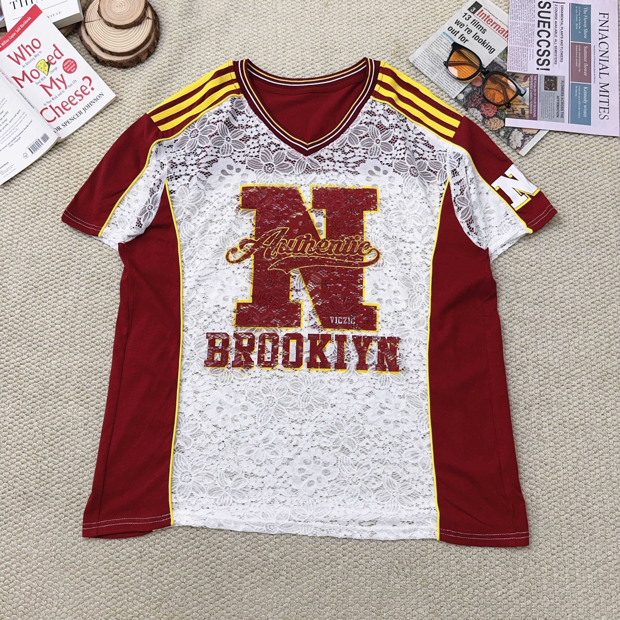 2025夏季新款修身百搭设计感拼色字母印花蕾丝镂空短袖T恤3105