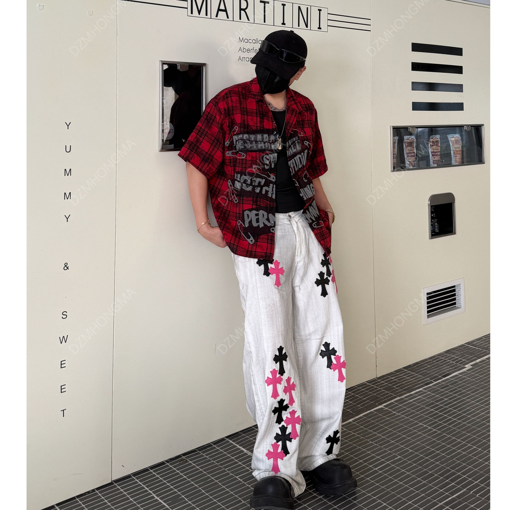 【大重码】新款宽松直筒趣味拼接休闲裤运动时尚水洗脏脏裤牛仔裤