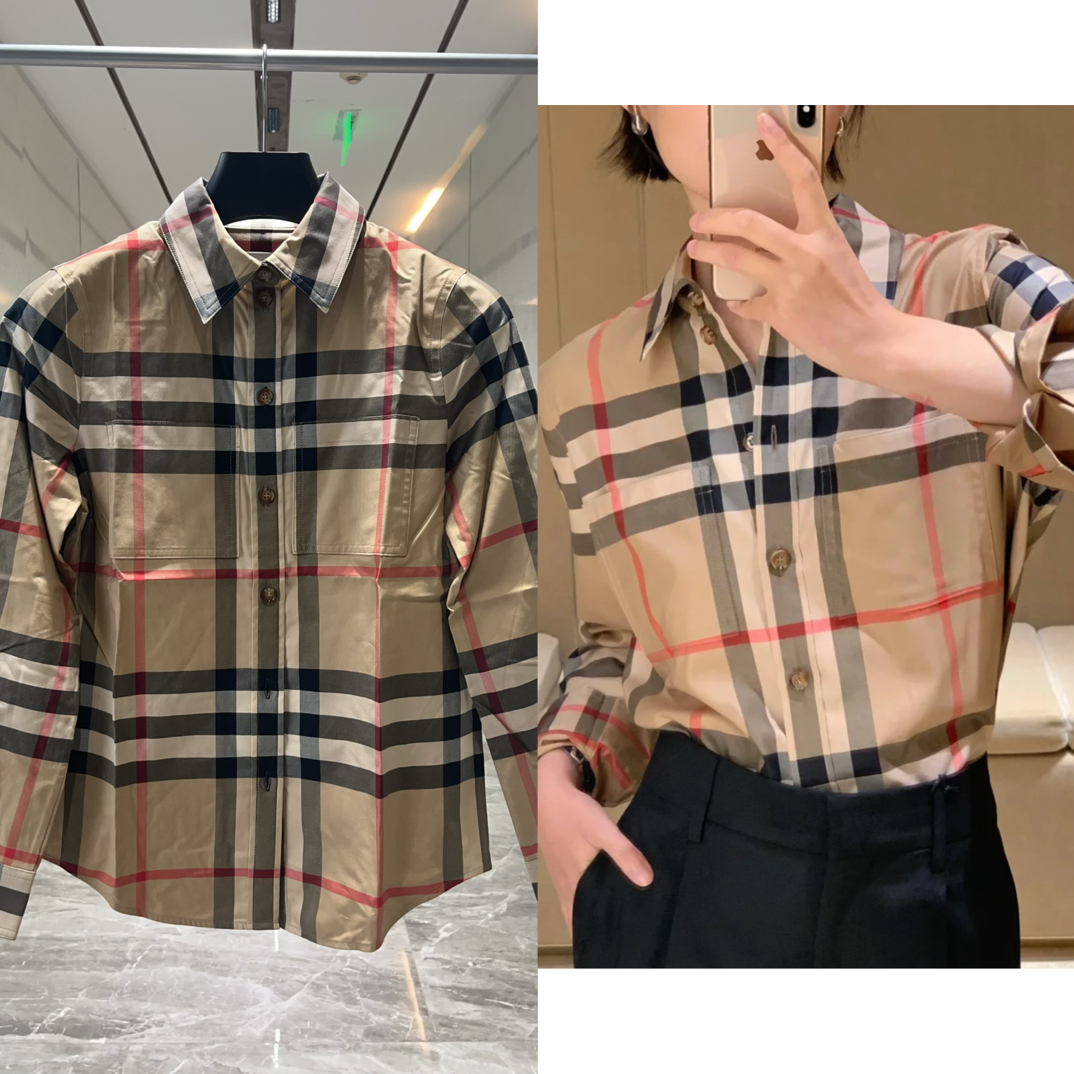未使用 BURBERRY/博柏利 女款典藏米大格纹口袋收腰长袖衬衫71340