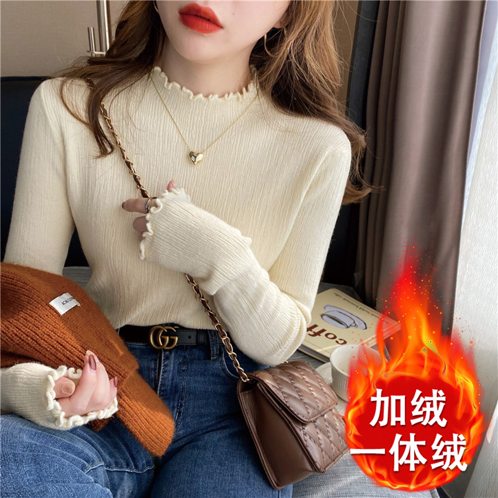 简宇半高领加绒加厚毛衣女秋冬木耳边内搭美拉德秋季上衣打底衫