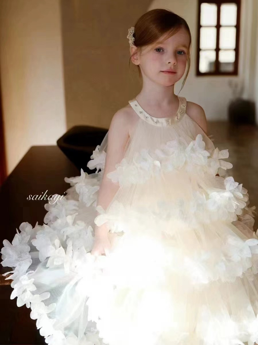 2025新款白色蛋糕裙礼服生日节日纱裙连衣裙主持走秀裙子女童裙