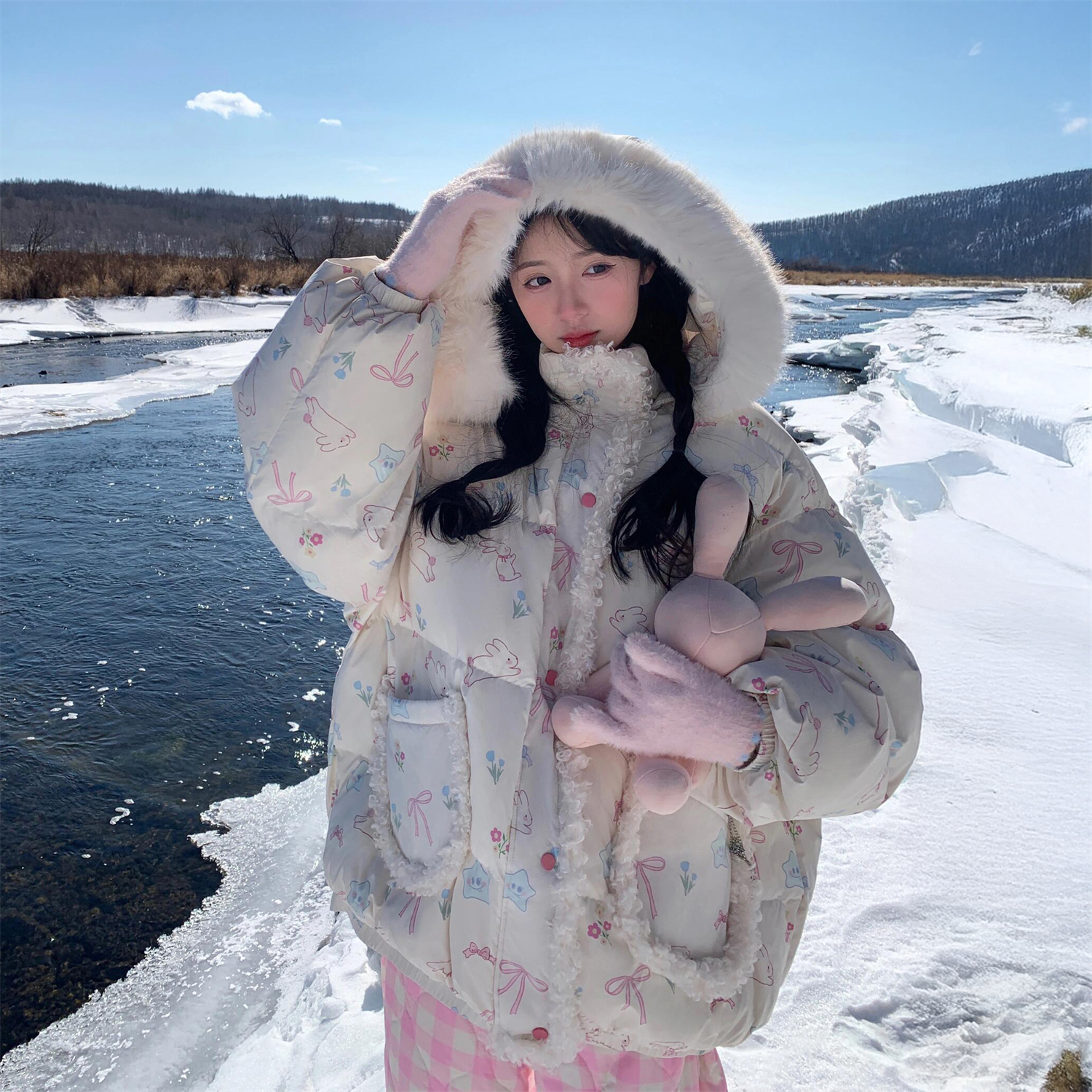 甜美兔子星星蝴蝶结印花毛领连帽棉服外套女冬季宽松休闲保暖棉衣