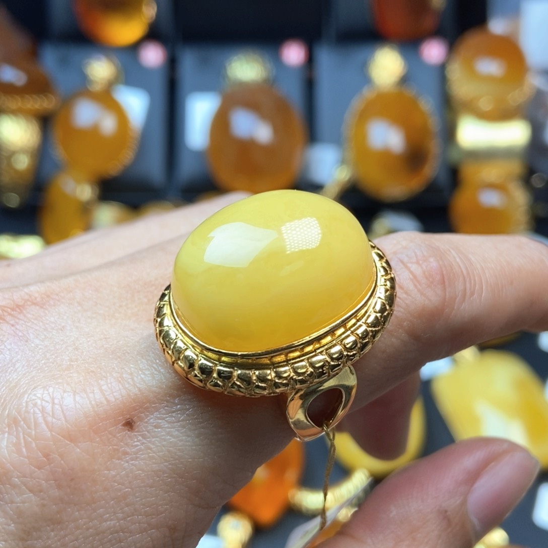 琥珀戒指银S925镀金镶嵌