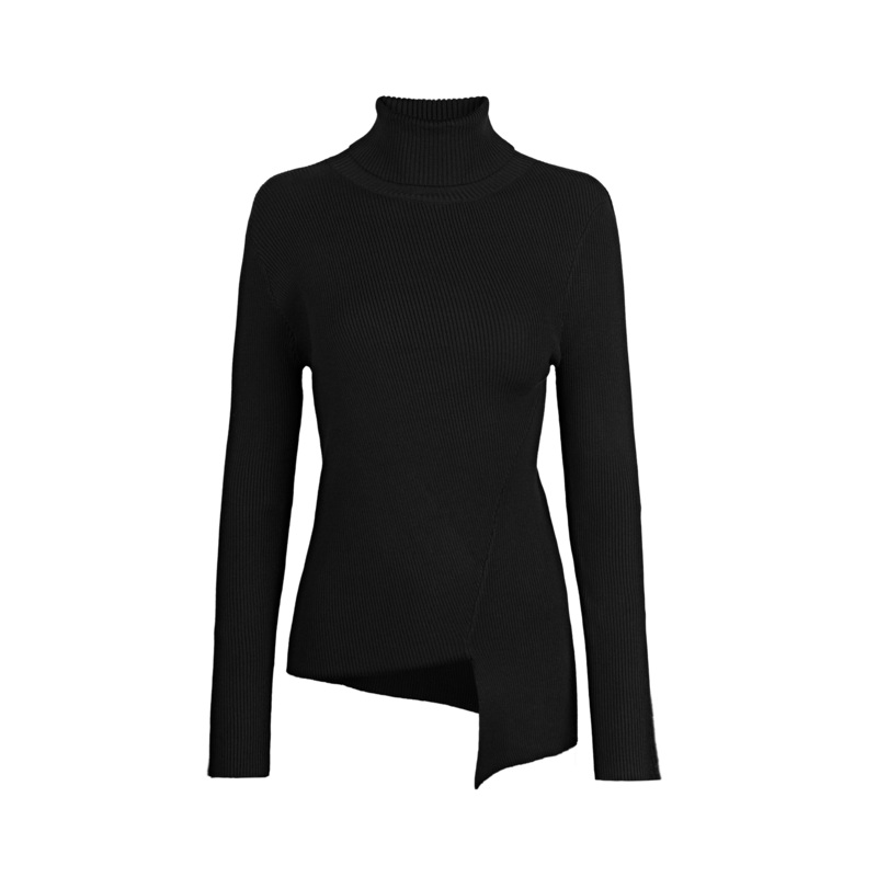 圣迪奥时尚套头高领拼接不规则修身通勤长黑色针织衫S22183505