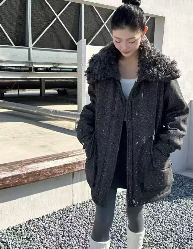  慧 【流光星河】设计款加绒烫钻可收腰大翻领保暖外套KH94
