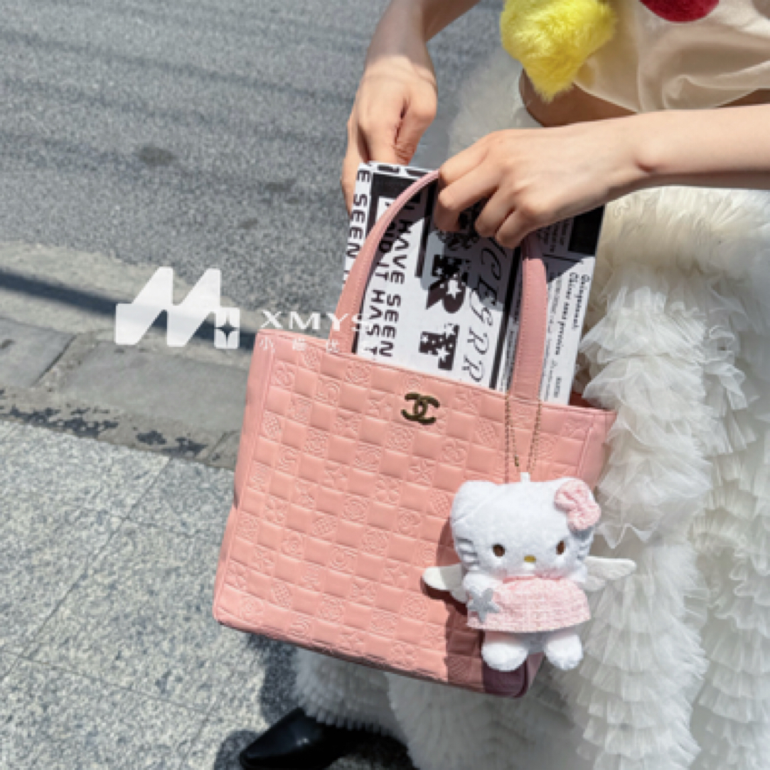 95新 Chanel/香奈儿 Vintage绝版樱花粉冰格山茶花压纹托特手提包