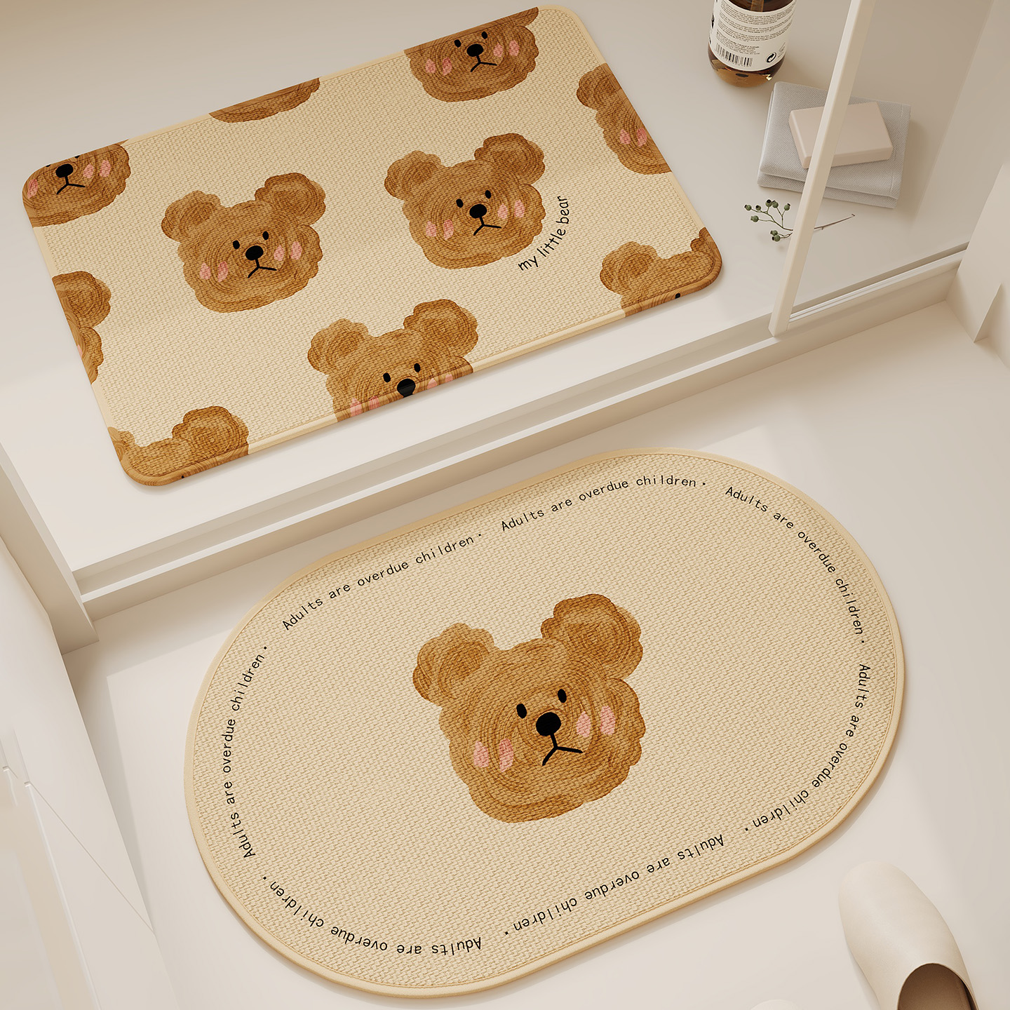 萌熊独绘亚麻编织地垫高档吸水防滑脚垫加厚卫生间厕所卡通简约