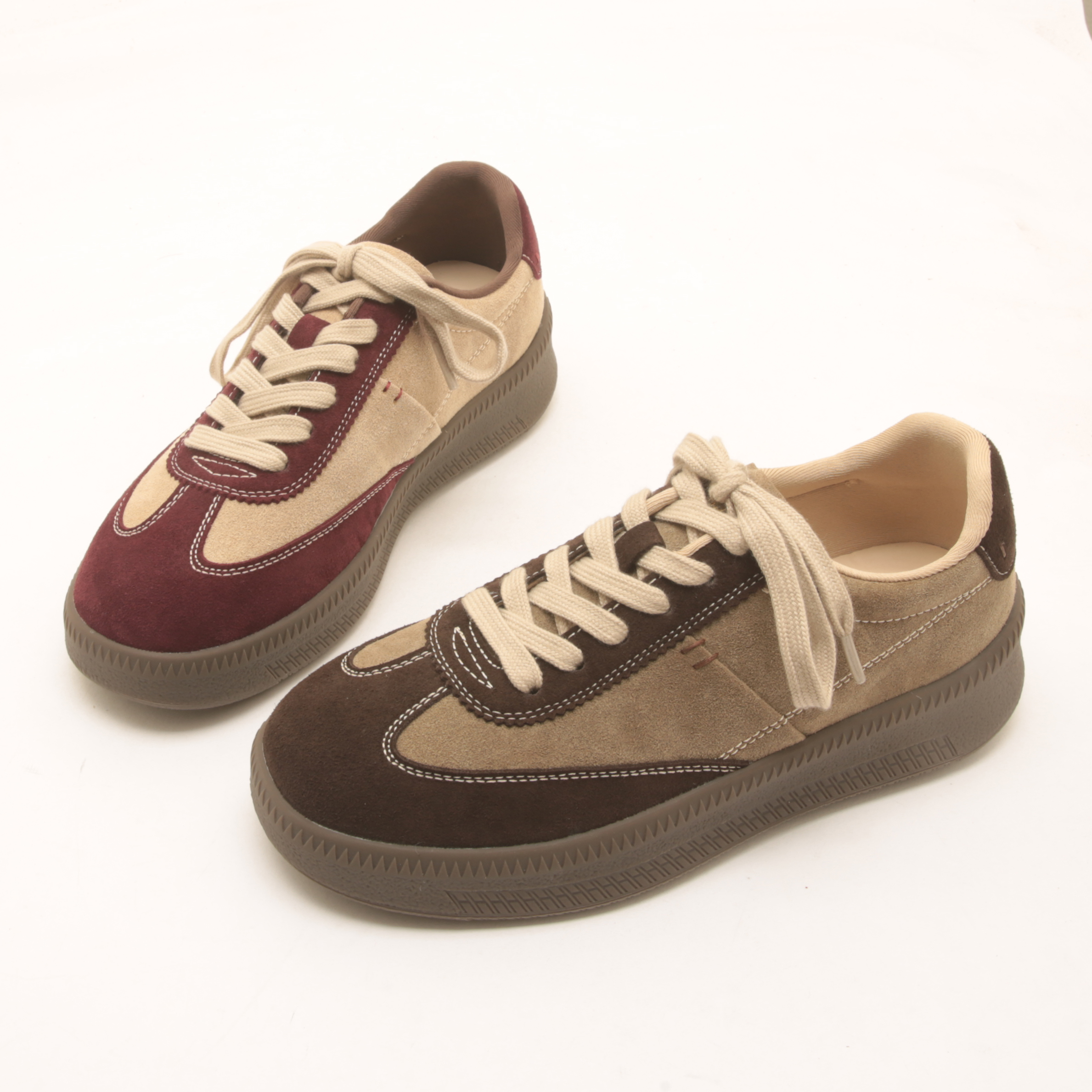 7543秋季新款拼色磨砂真皮平底德训鞋女轻便厚底增高运动休闲鞋