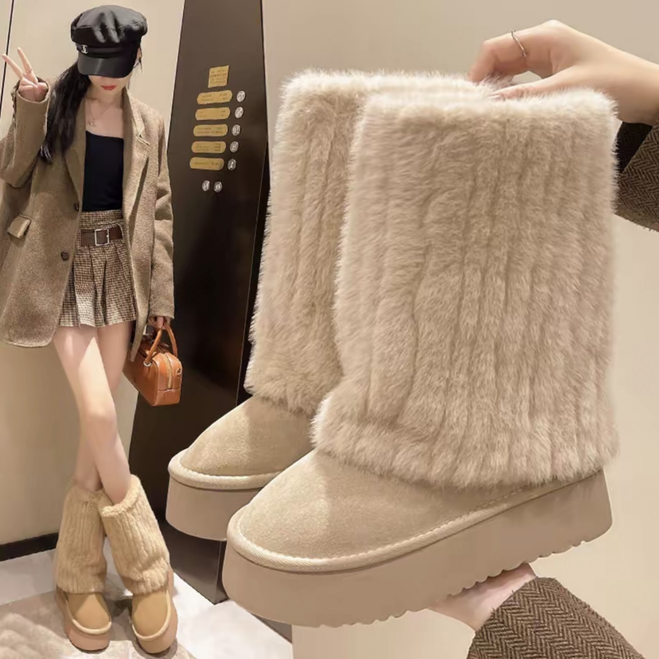 【现货】真皮真毛厚底雪地靴女2025新款冬季加绒加厚秋冬保暖中筒W