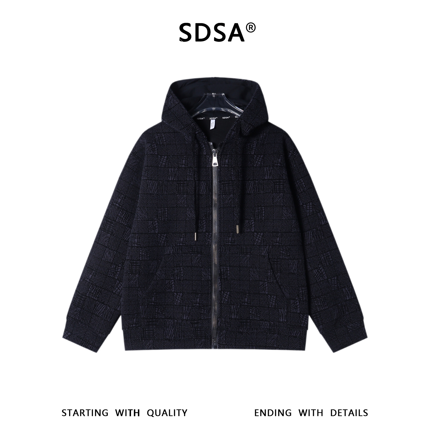 SDSA男士秋冬新款痞帅男装潮牌简约撞色绒毛格子拉链连帽卫衣百搭