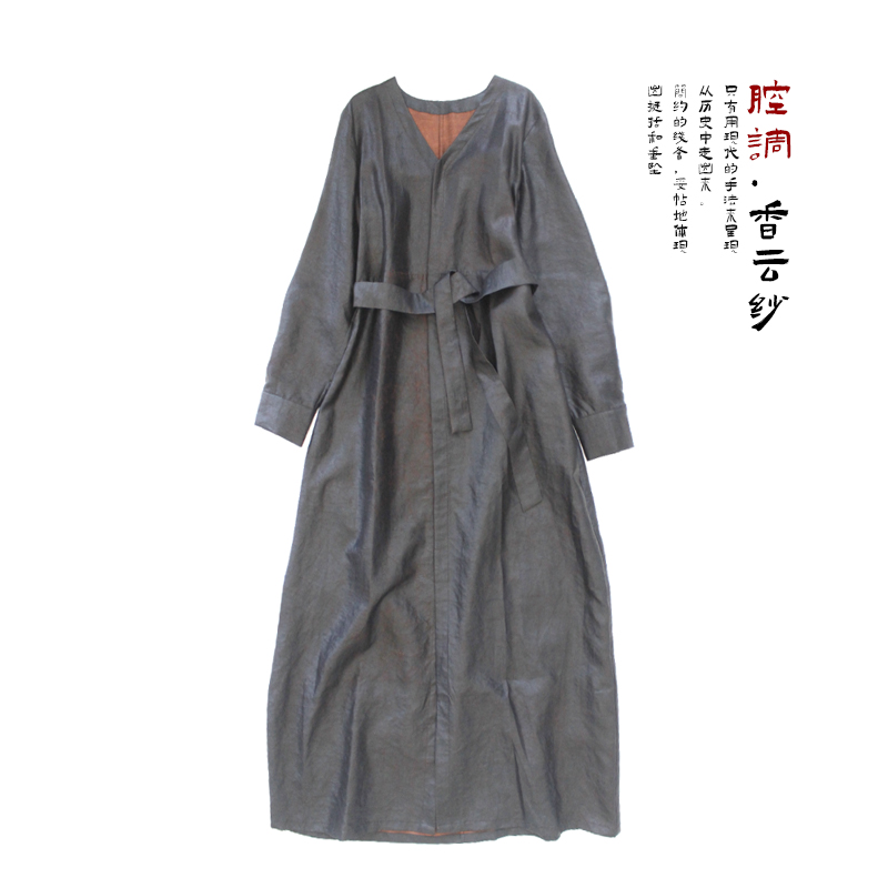 夏秋香云纱桑蚕丝黑胶绸皮子料女宽松连衣裙长裙衬衫裙 风衣