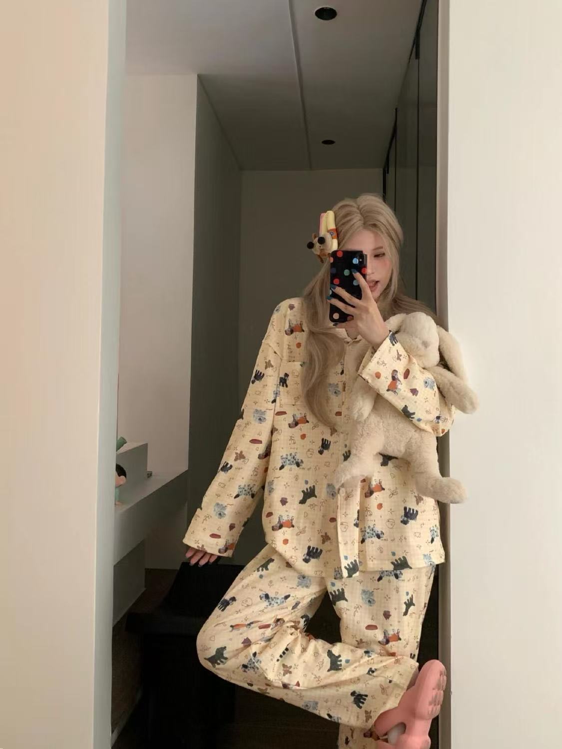 可爱黄格甜宠小波点Kitty猫 卡通女春秋季长袖 睡衣家居服套装