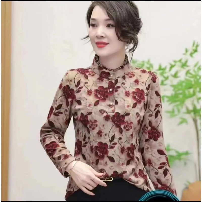 妈妈秋冬加绒打底衫中年女装加厚上衣2024洋气碎花木耳领小衫