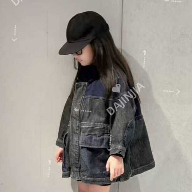 大金定制潮牌定制轻奢风江&布&棉拼接软牛仔中长款风童装外套