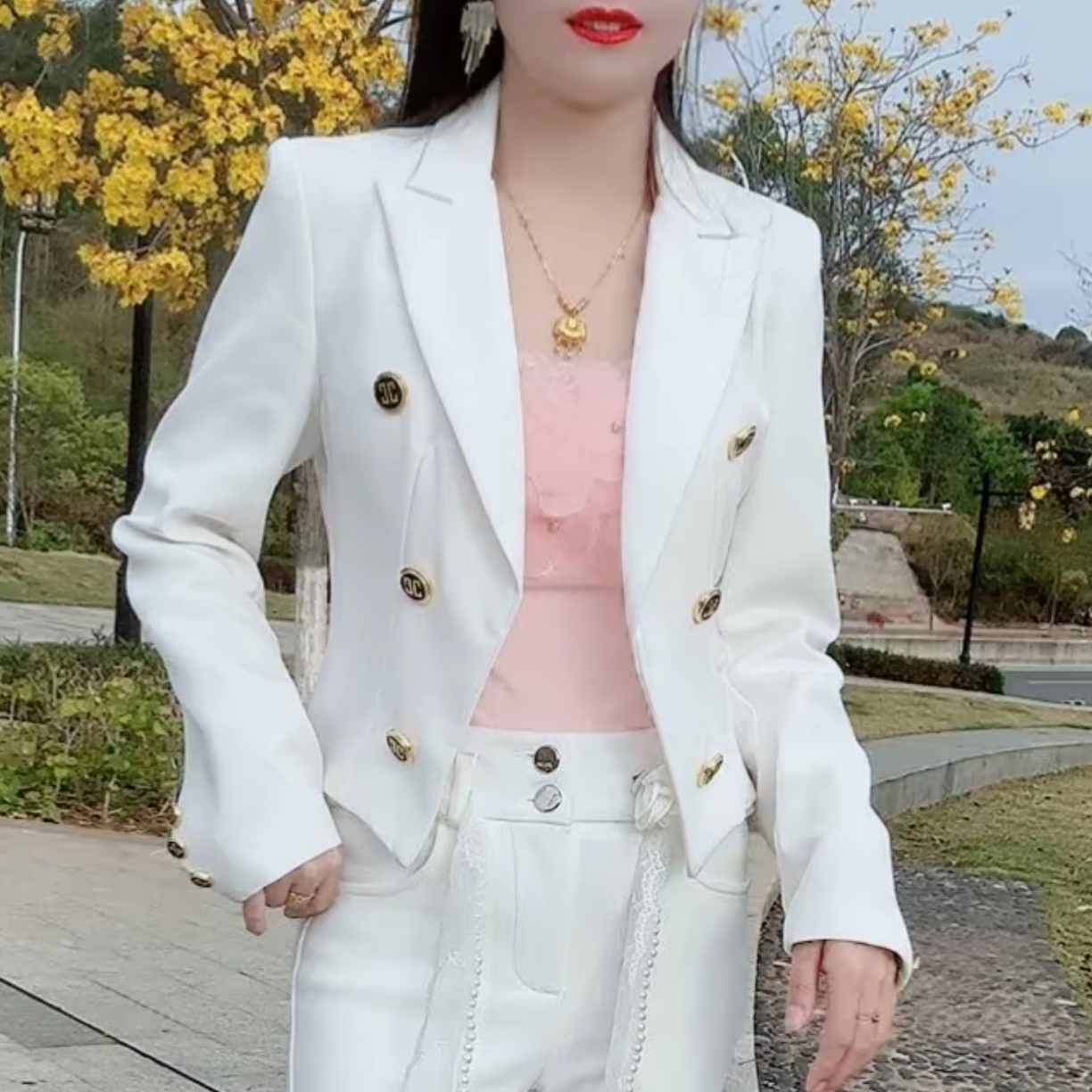 春秋新款高腰短款显瘦百搭双排扣西装外套女小个子适用