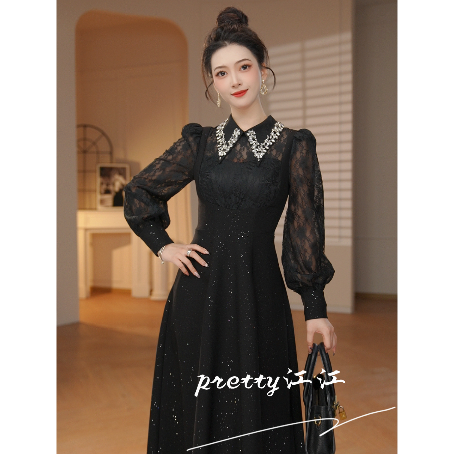 Pretty小众设计师品牌江江定制 长袖法式休闲风洋气连衣裙21957