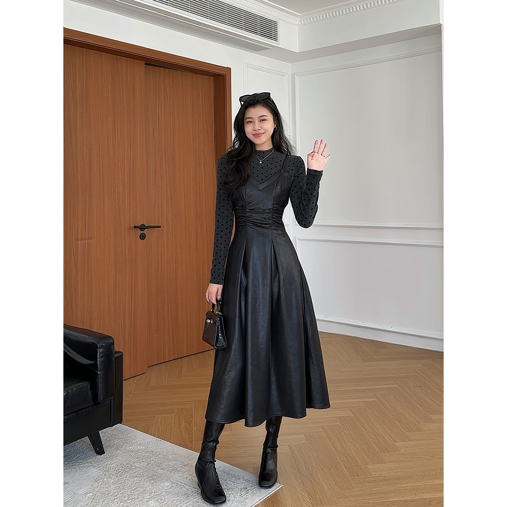 张阿星【高知御姐】酷飒赫本气质假两件波点拼接收腰褶皱长款连衣裙