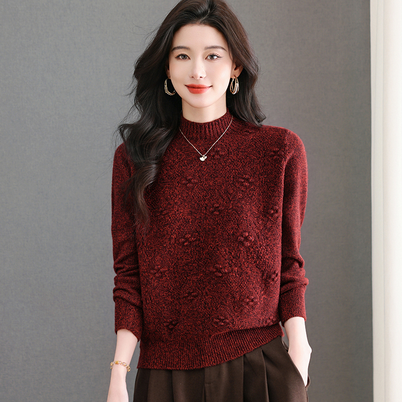 2025新款秋冬百搭洋气减龄时尚半高领套头毛衣女花豆子针织衫上衣