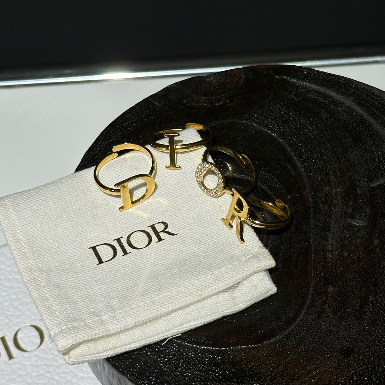 95新 DIOR/迪奥 只盒/Dior金色字母水钻CD戒指四件套