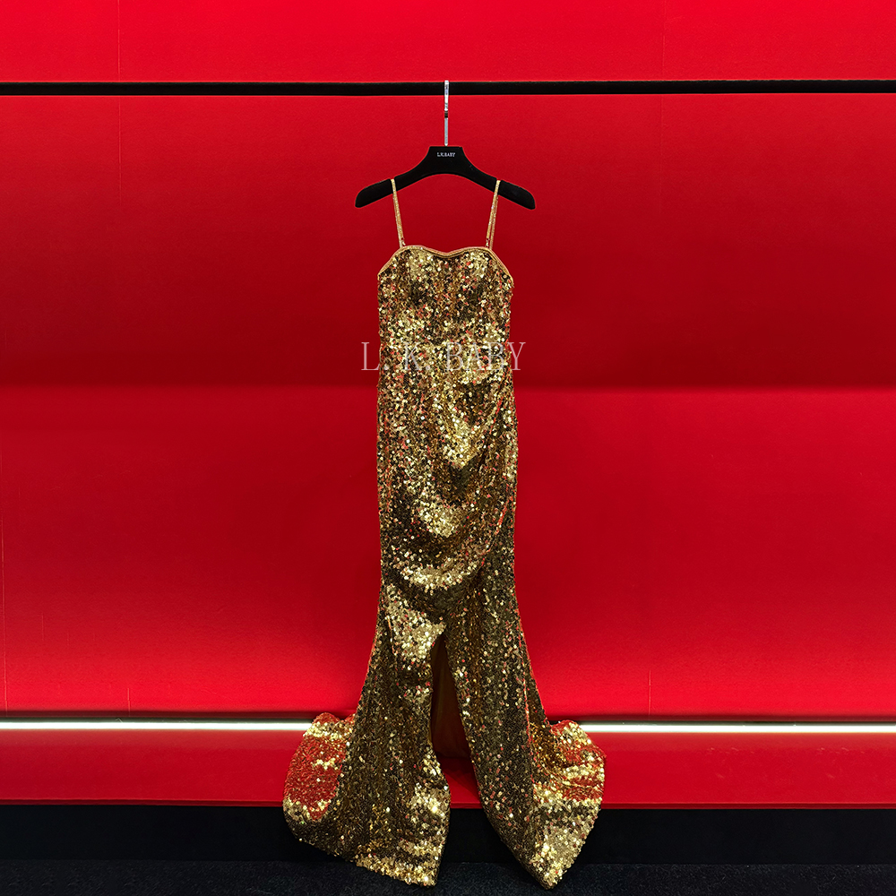 【L.K.BABY】日出之美 高定轻奢气质鎏金璀璨亮片开叉鱼尾晚礼服裙