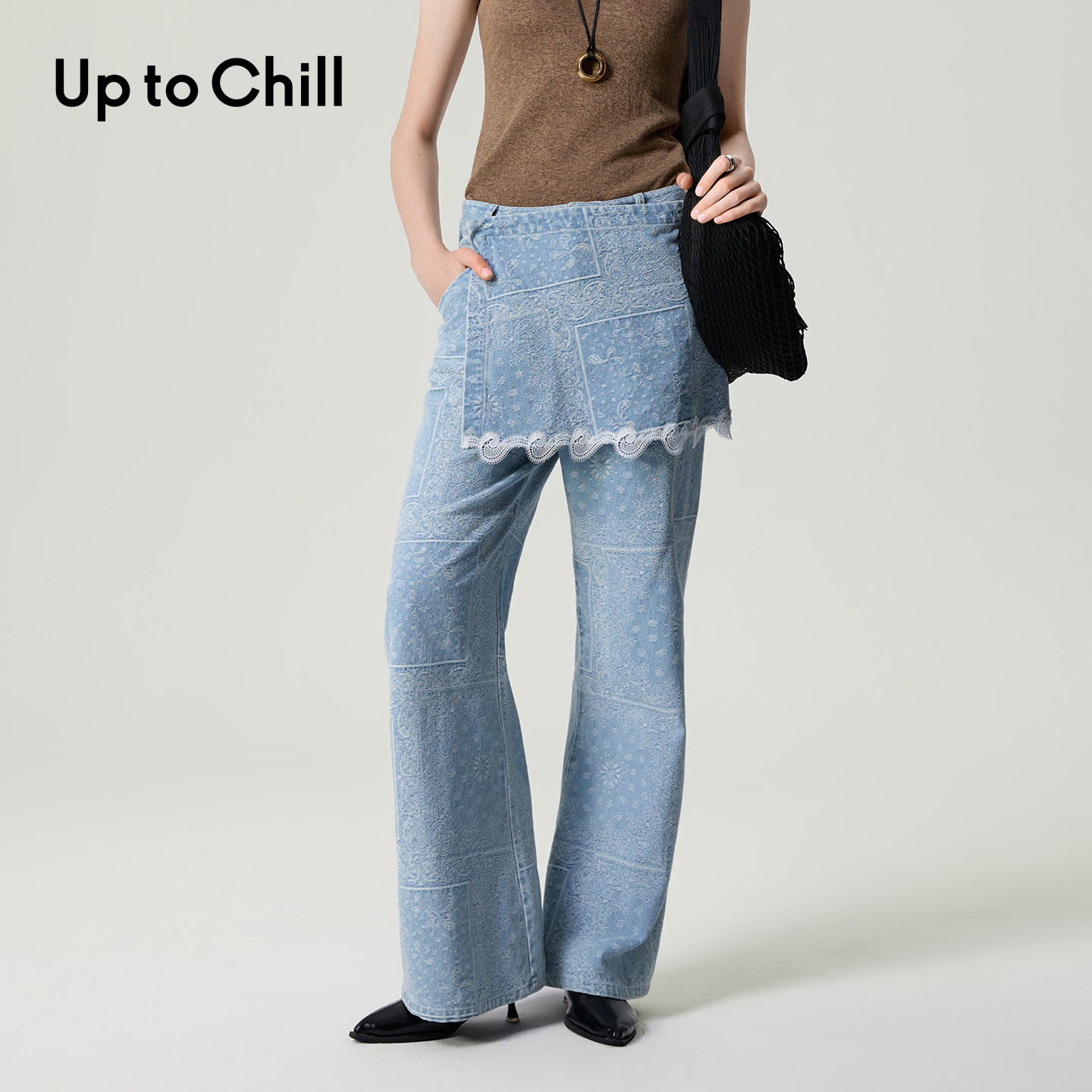 Up to Chill 浅蓝色蕾丝花边搭片牛仔长裤休闲百搭新款 CWWA1K919