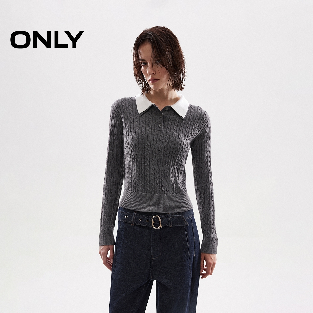 ONLY2025秋季新款学院风撞色拼接正肩POLO领针织衫女|125313036