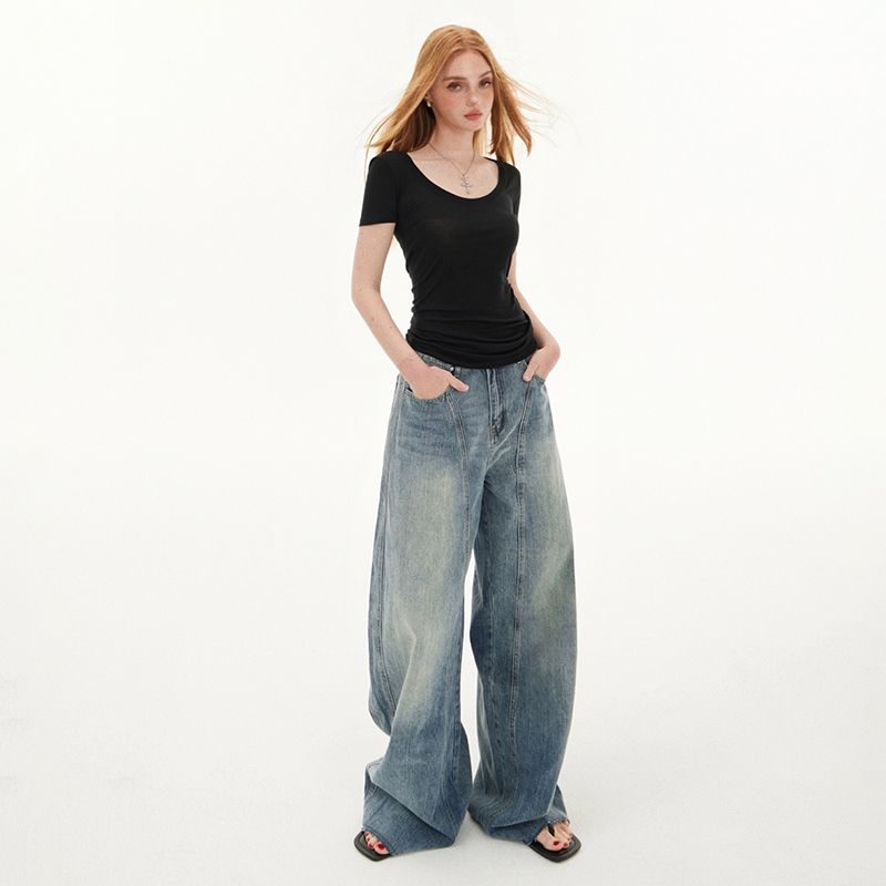 美式复古高腰宽松阔腿裤百搭镰刀裤毛边春夏牛仔裤女