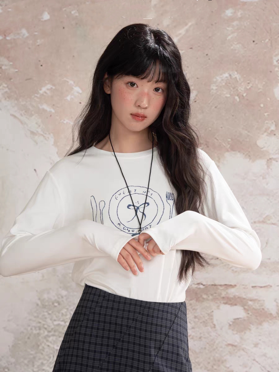 休闲印花长袖打底衫t恤女秋季宽松简约百搭上衣  2110-2150