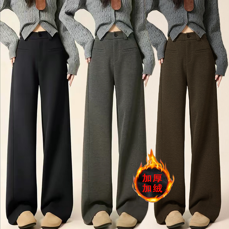 升级版加绒加厚毛呢直筒裤女款2025秋冬季新款百搭窄版保暖休闲裤