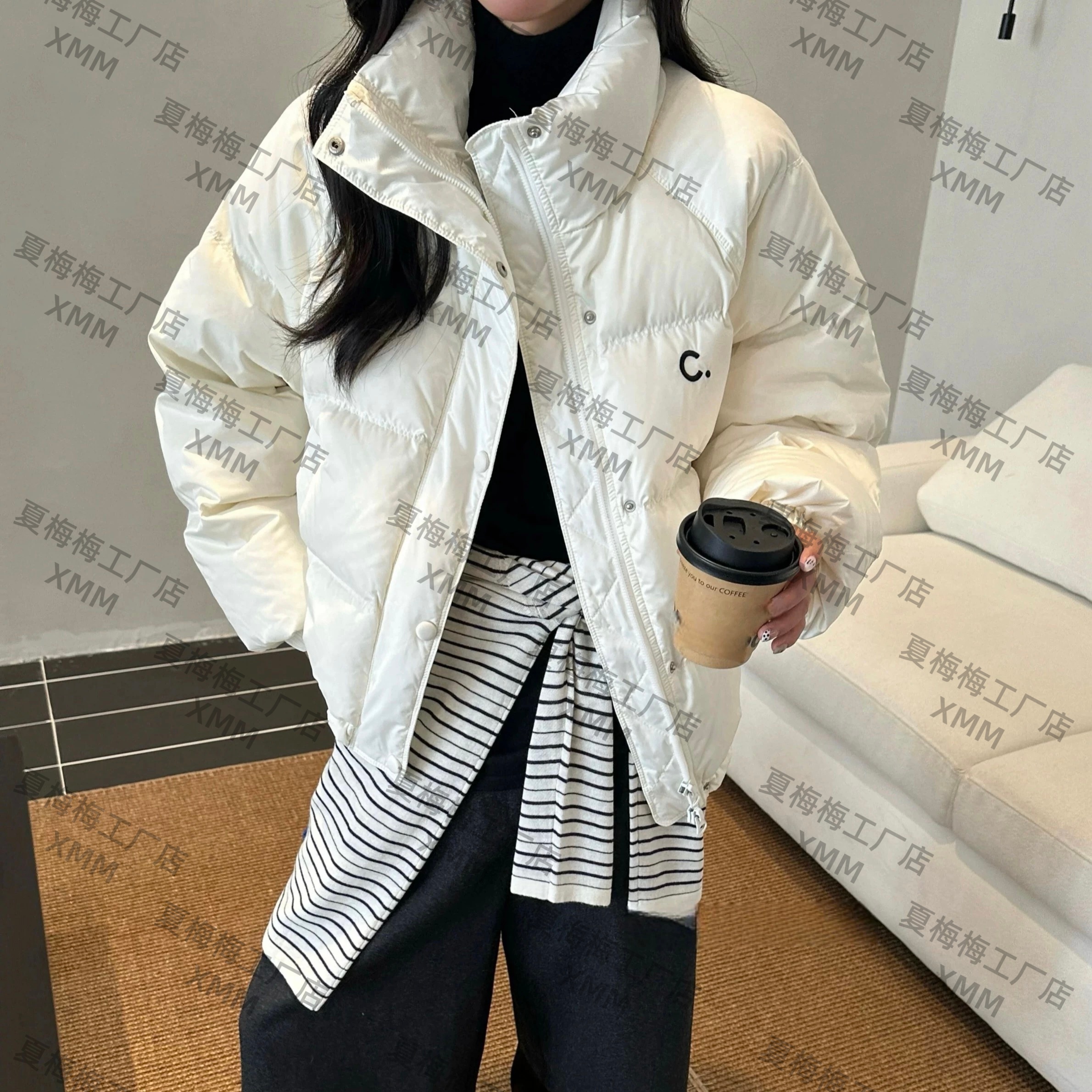 XMM.【C字缎面90绒羽绒服】女加厚立领冬季厚款百搭休闲时尚-H77128