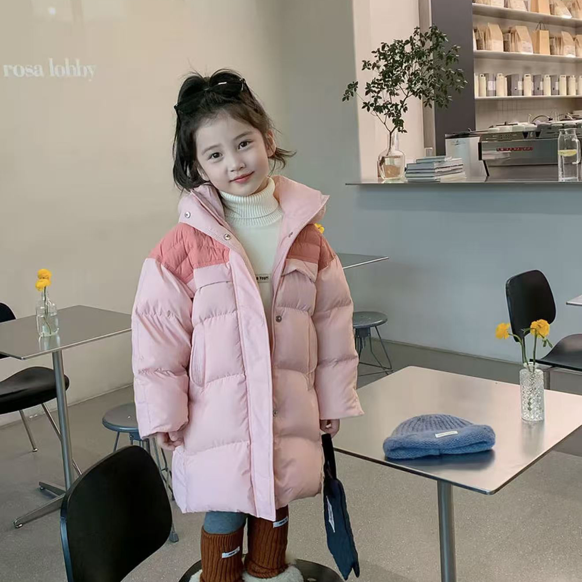 女童冬季新款连帽加厚保暖中长款羽绒服，100-160