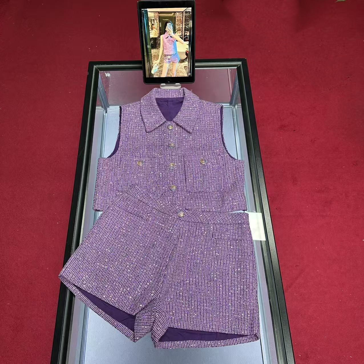 G617新款时尚小香风套装休闲女士夏季格子紫色格纹