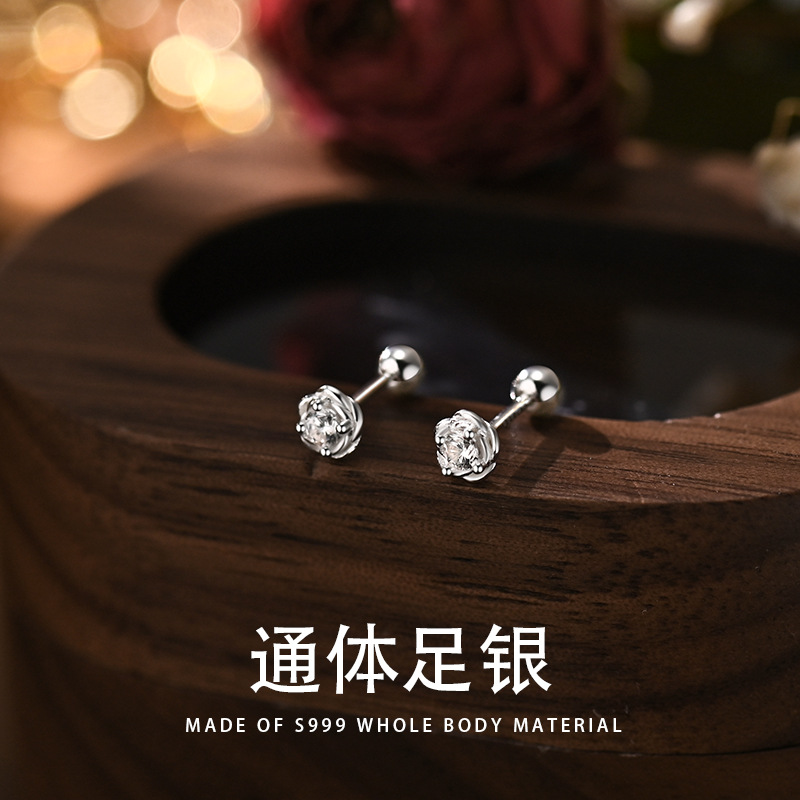 足银合成锆石耳饰 S999足银小玫瑰花耳钉镶钻精致甜美百搭养耳洞