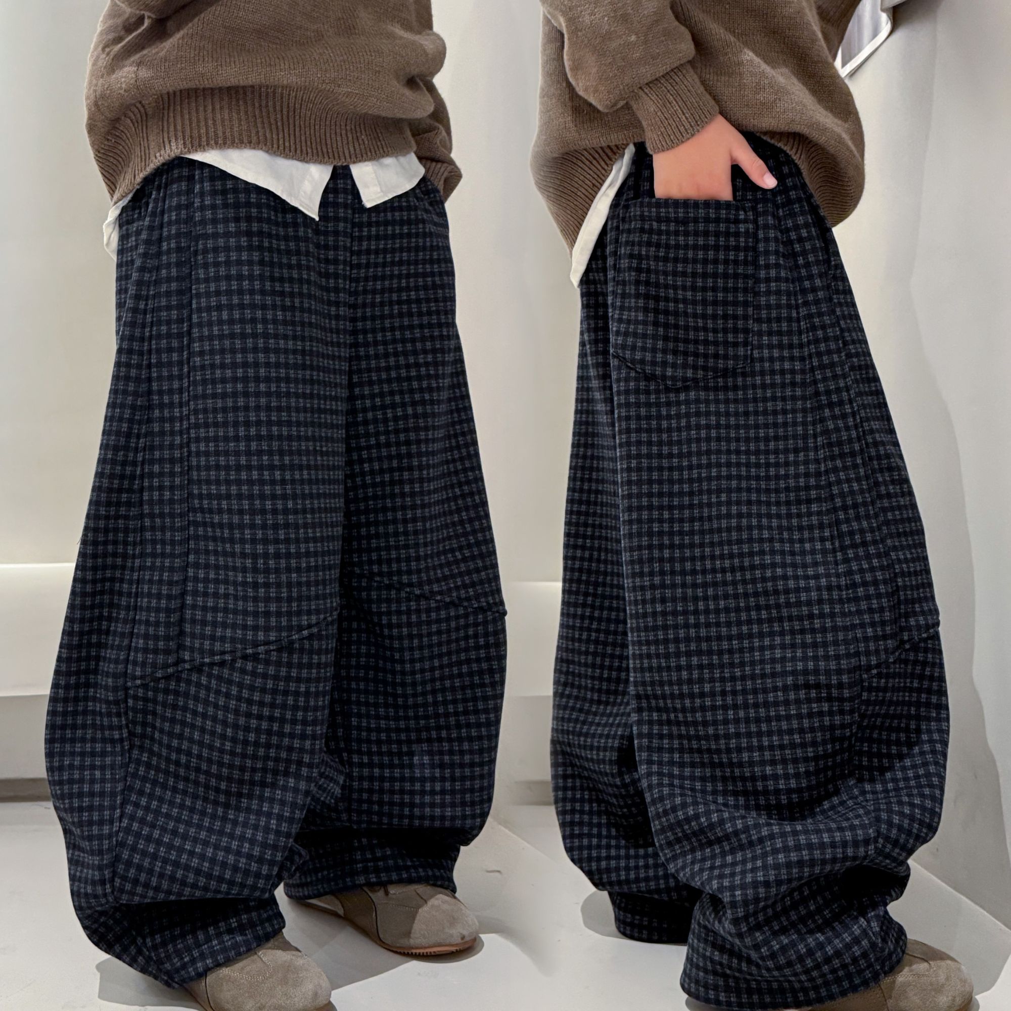 【秋冬加绒】儿童格子弯刀裤加厚中大童时髦痞帅宽松男女童休闲裤子