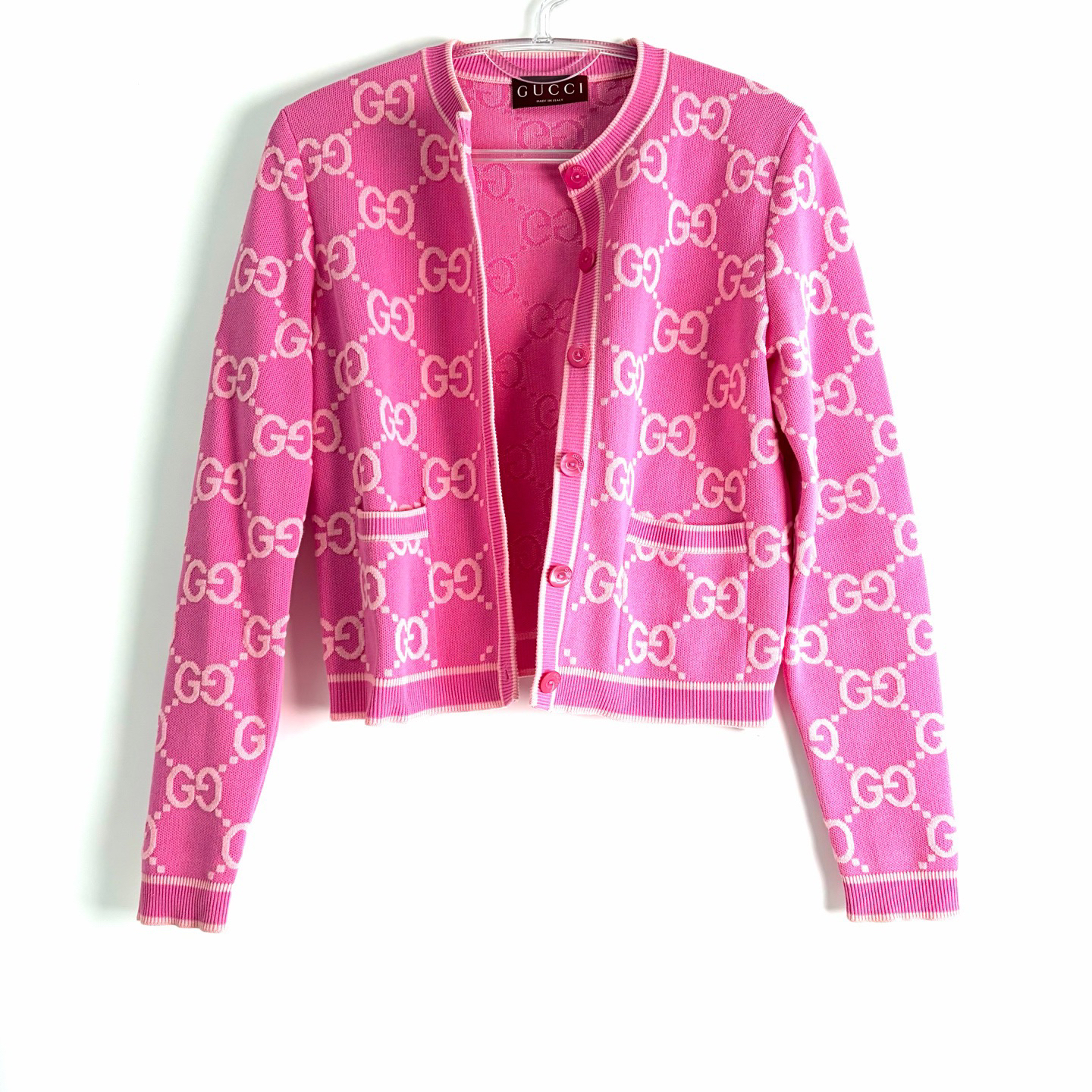 99新 GUCCI/古驰 s码 24SS款/粉色满印女士针织开衫 99新 bz0824