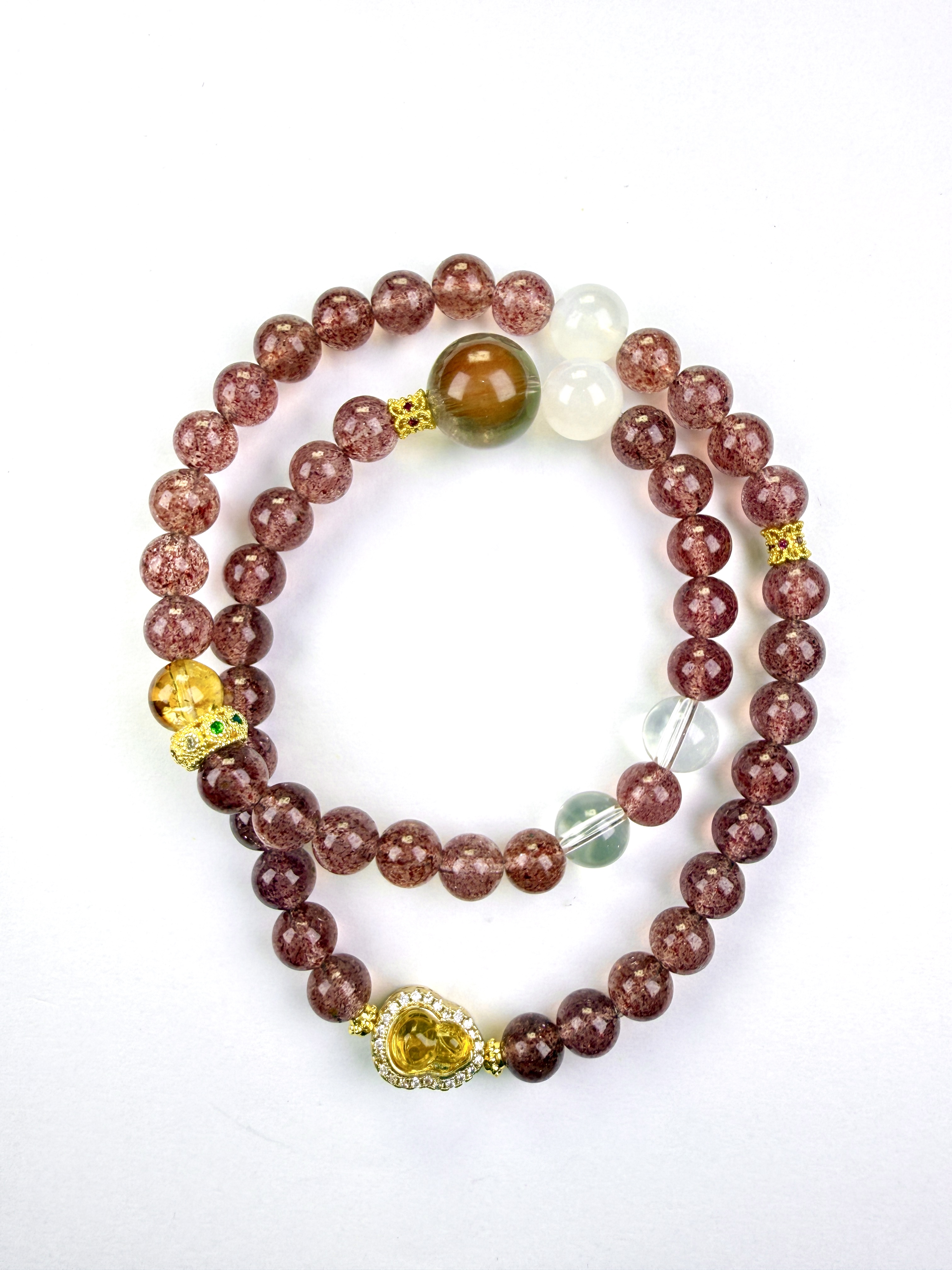 天然红兔毛草莓晶DIY双圈手链