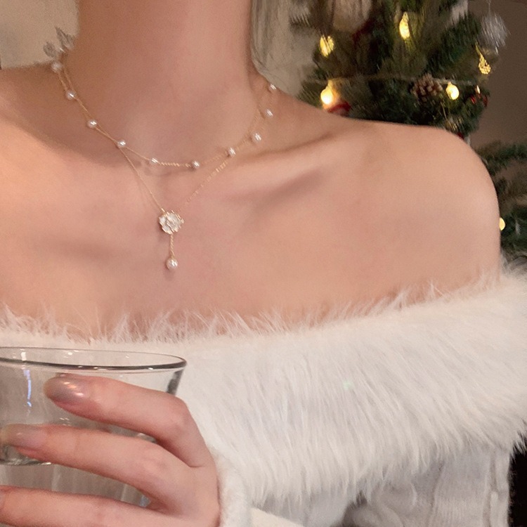 铜合金亚克力吊坠 流苏双层项链女山茶花锁骨链轻奢小众