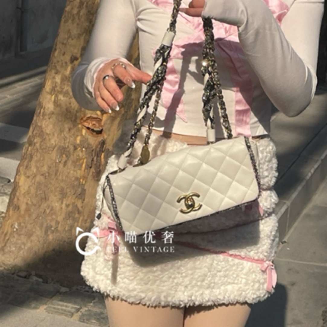 99新 Chanel/香奈儿 白金牛皮粗花呢滚边限定款cf法棍单肩斜挎包
