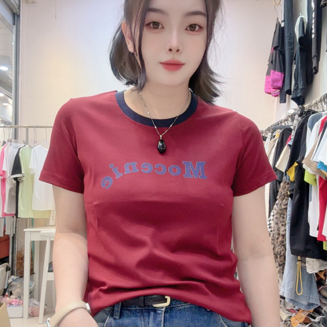 罗纹棉上衣新款圆领正肩弹力显瘦百搭减龄休闲风女t