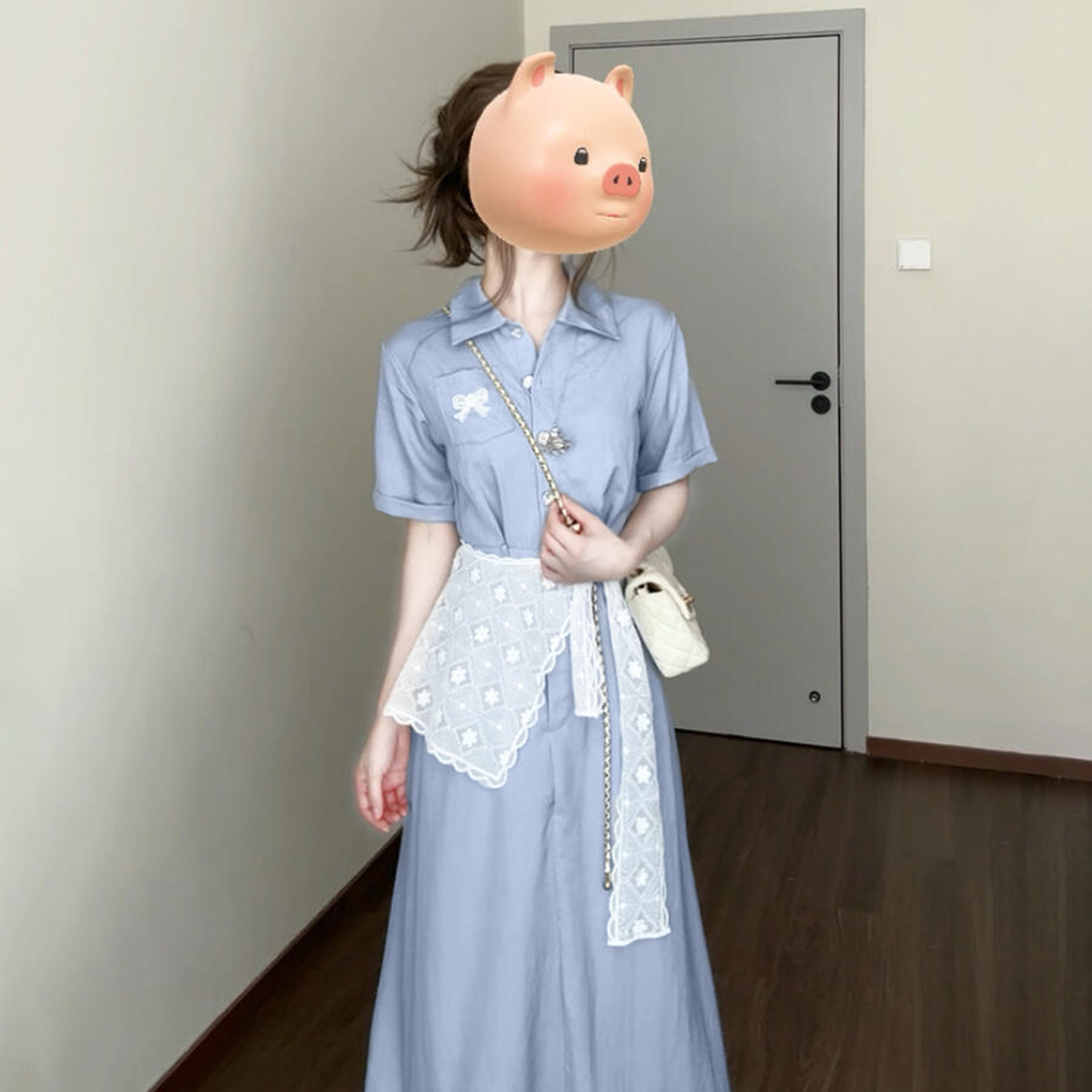 【现货+运补】高级感蓝色衬衫连衣裙子女夏季大方得体收腰长裙4248