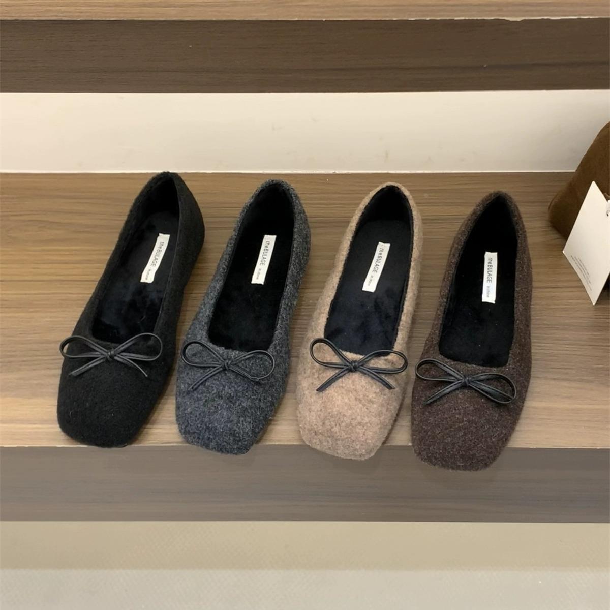 平底复古绒面方头单鞋女鞋子2024新款秋冬季加绒毛毛鞋黑色通勤鞋