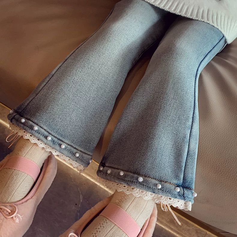 女童加绒牛仔裤2025新款韩版洋气冬款百搭长裤儿童高腰修身保暖裤