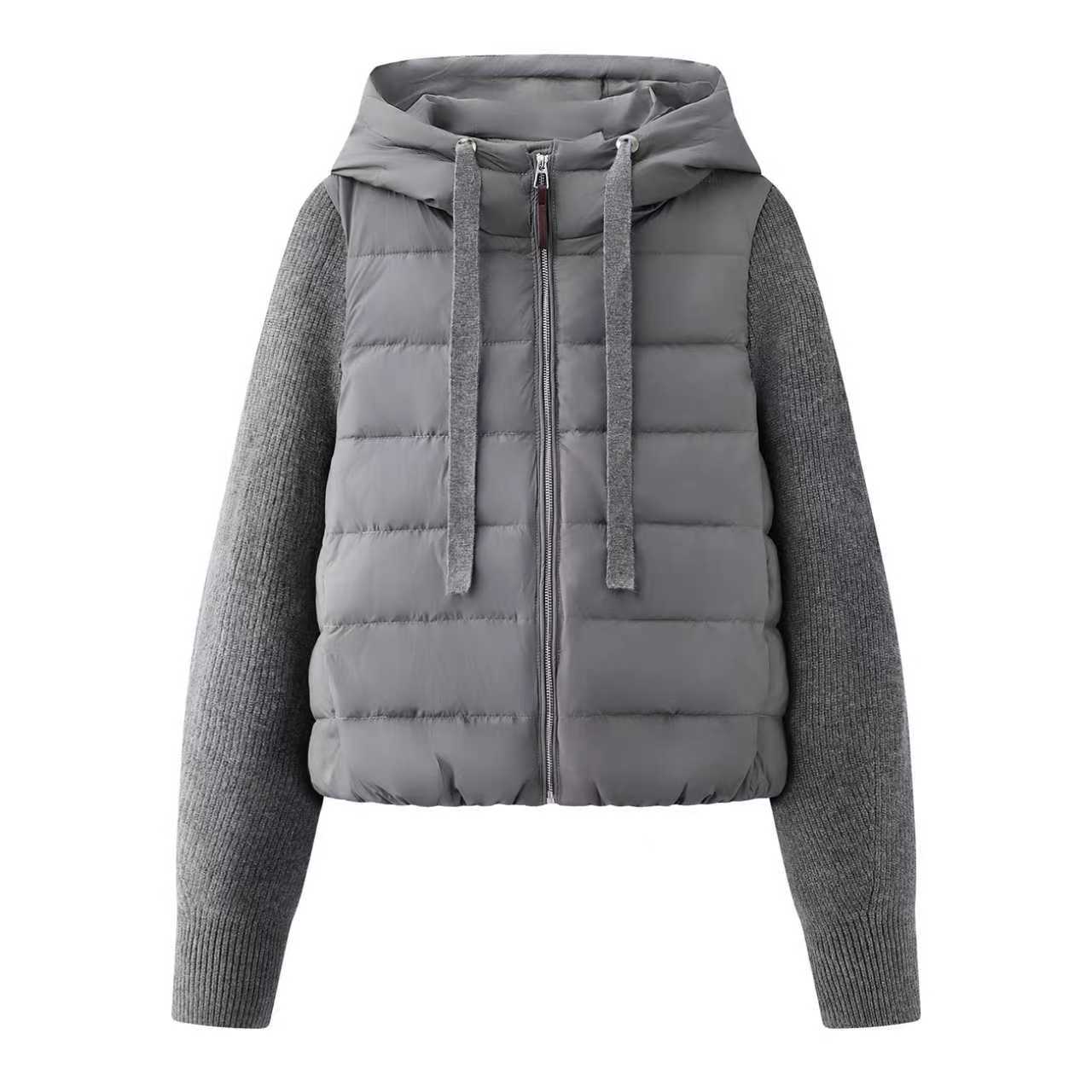 M-羽绒服轻薄款女2025冬季新款针织拼接袖连帽休闲短款外套0891